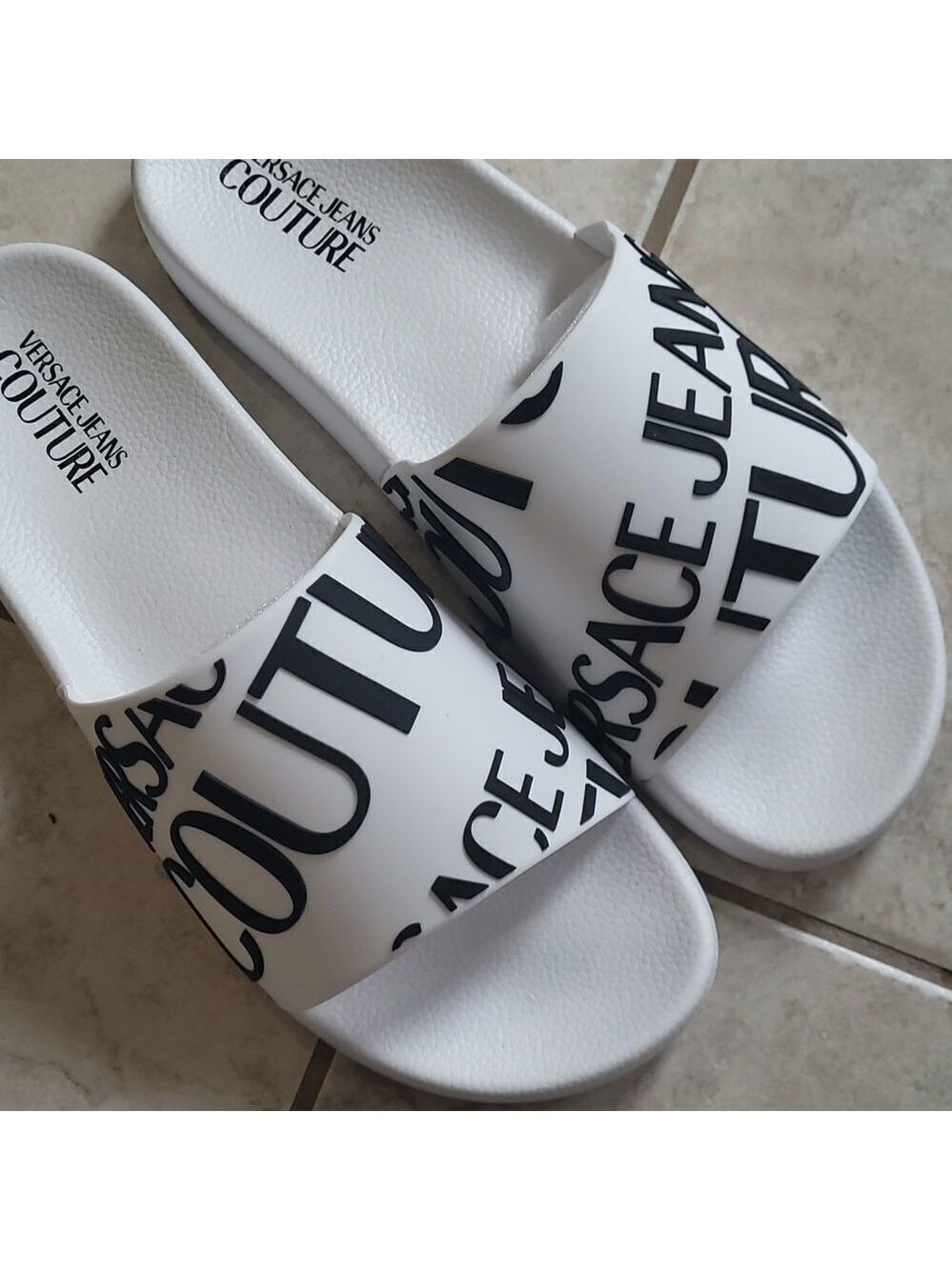 Versace MEN'S SUMMER LOGO POOL SLIDES NEW 10 WHITE AND BLACK